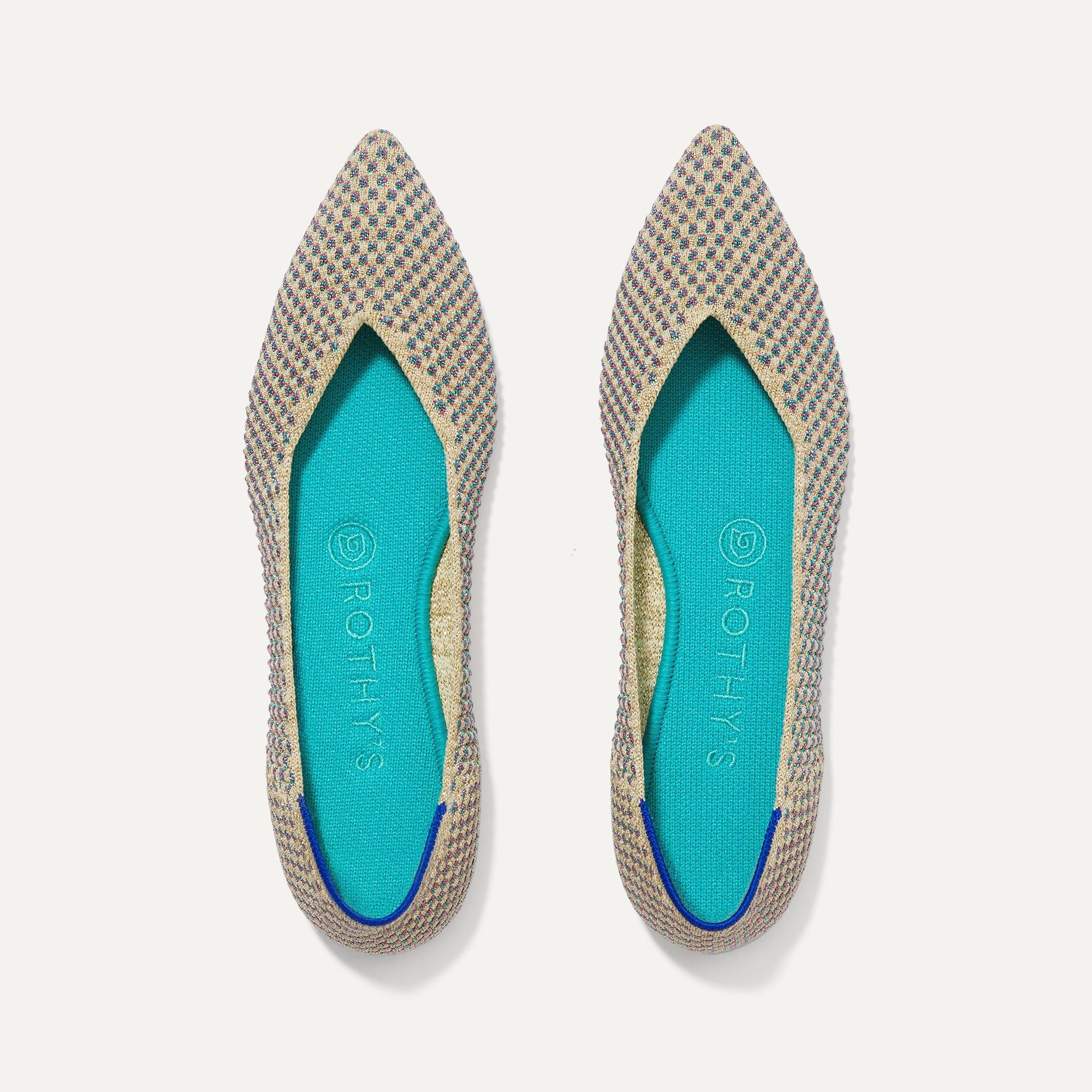 A pair of The Point shoe in Multi Metallic shown from the top view.