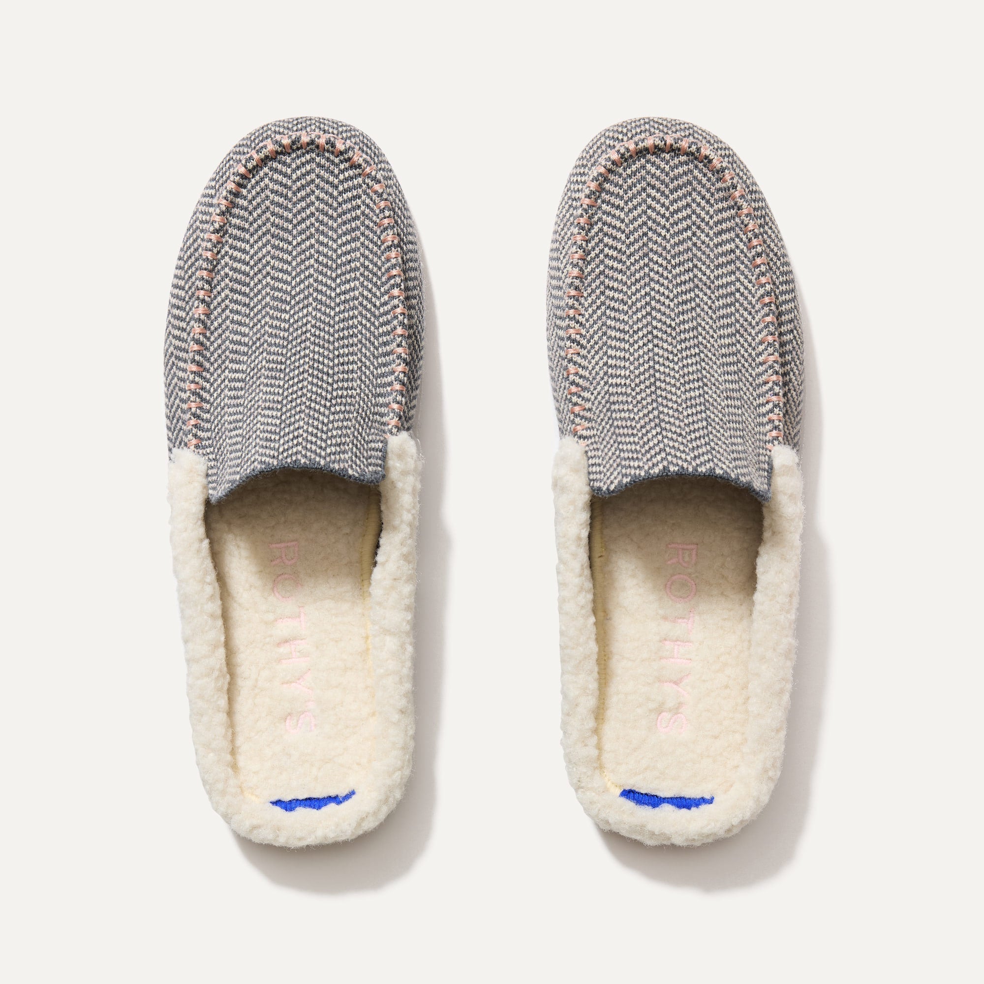 The Scuff Slipper in Grey Herringbone shown from the top. 