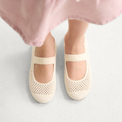hover | Model wearing The Kids Mary Jane in White Open-Knit.