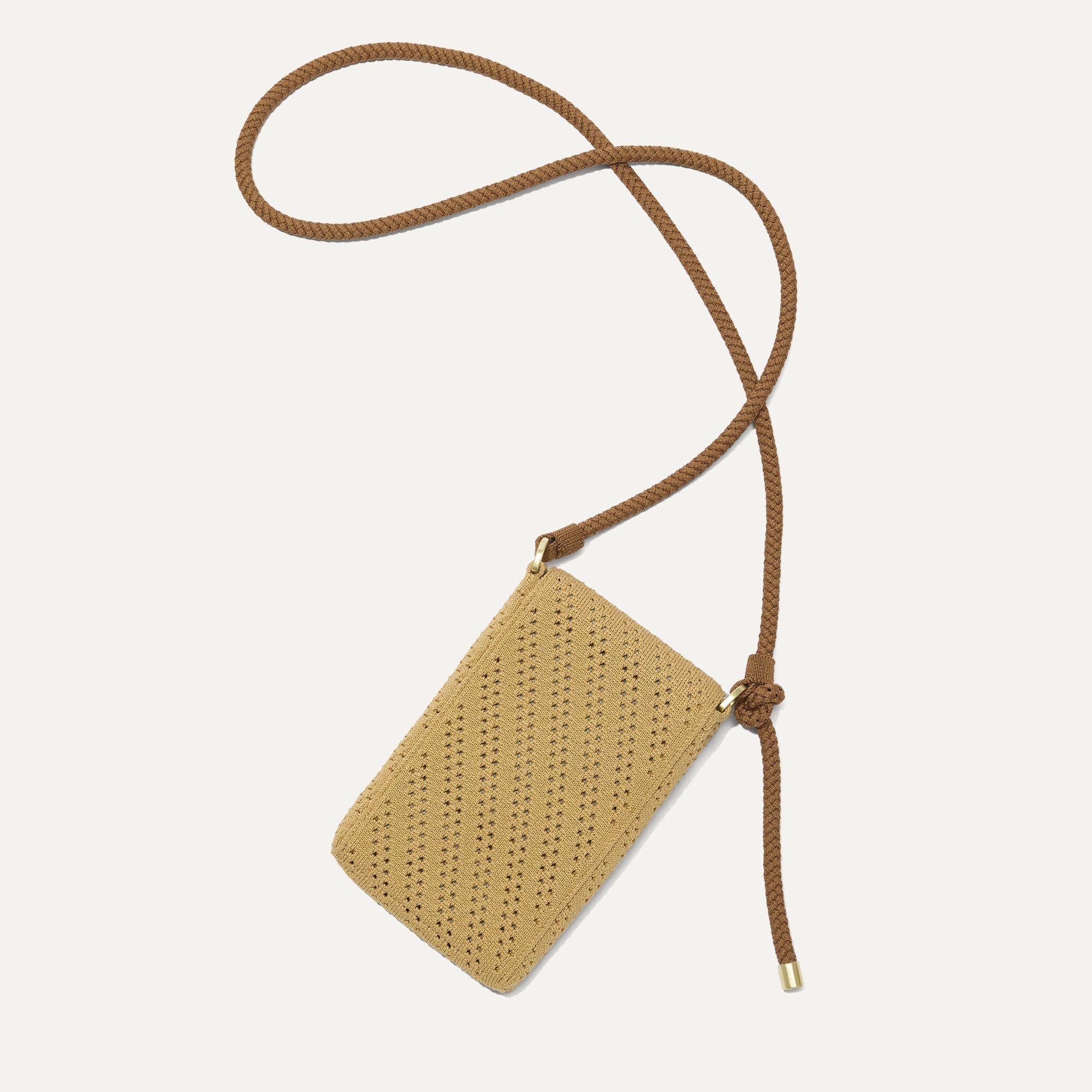 The Phone Crossbody in Brown Butter Crochet back  shown from above.