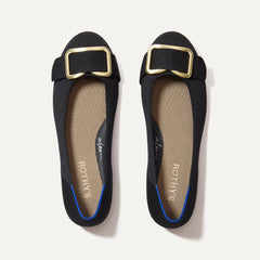 The Emblem Ballet Flat in Black shown from the top. 
