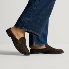 hover | Model wearing The Penny Loafer Mule in ReVelvet Cheetah.