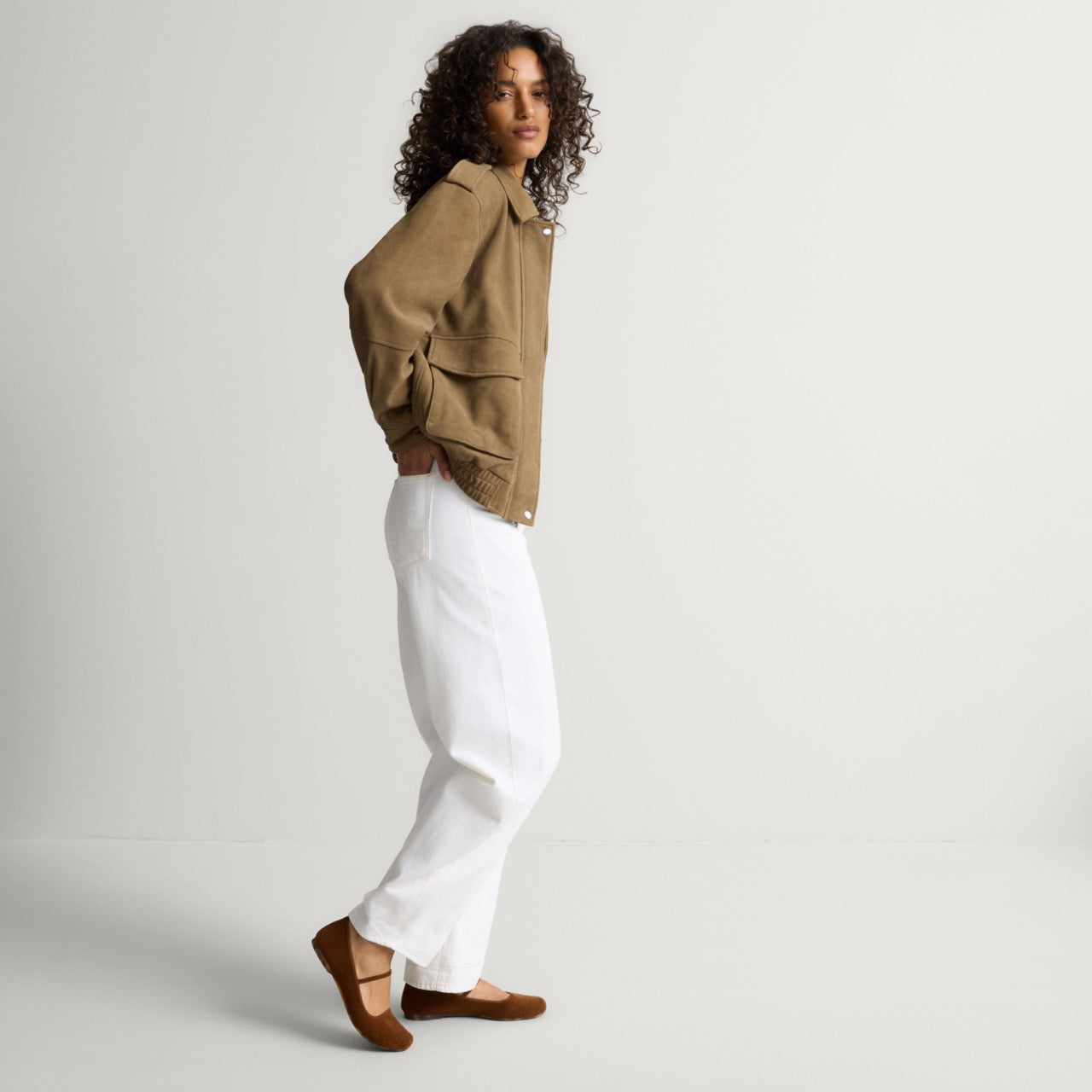 model | Alternate view of a model wearing The Max Square Mary Jane in ReVelvet Russet.