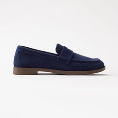 side | The Penny Loafer in ReVelvet Navy shown from the side. 
