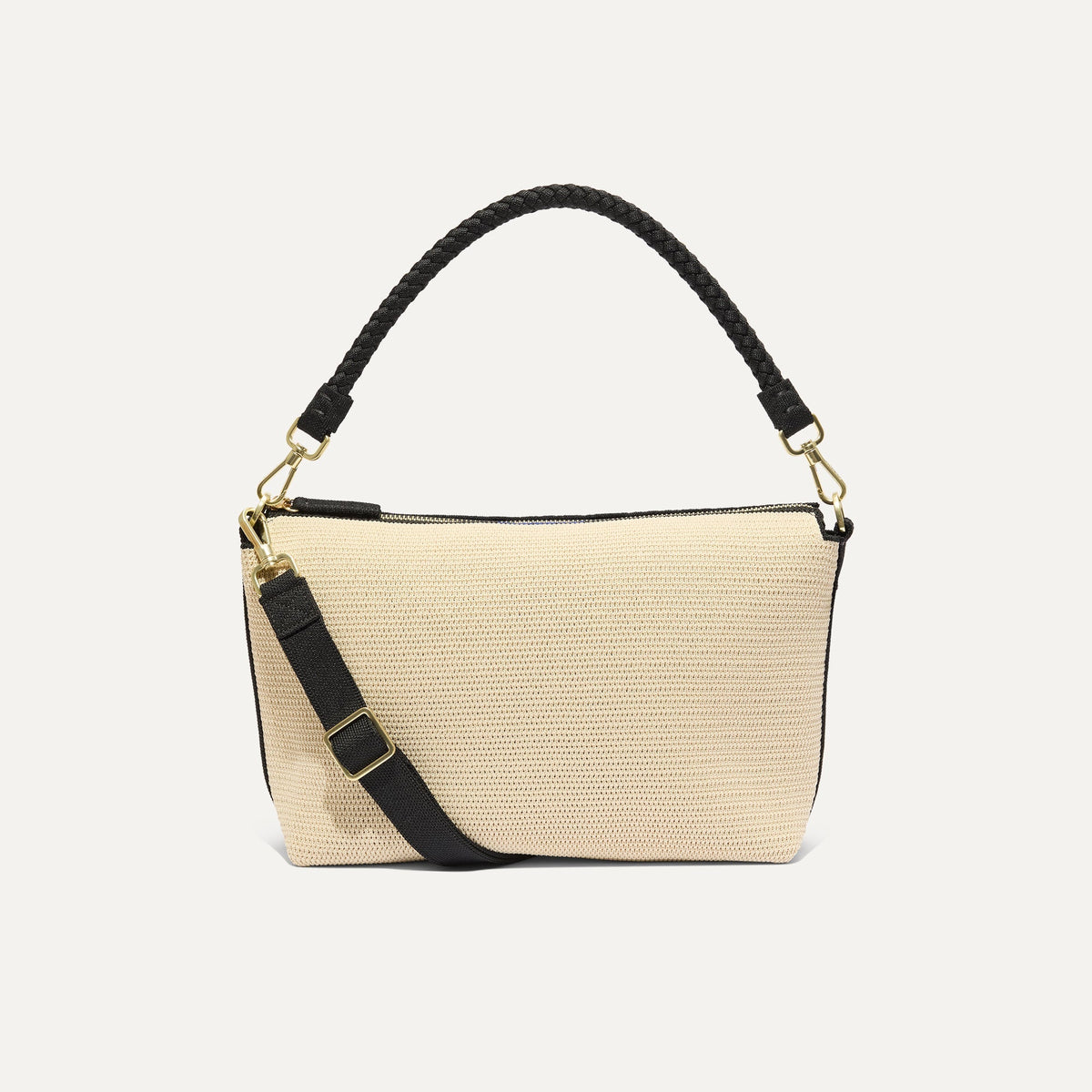 PLP |The Daily Crossbody Bag in Black and White Raffia-Knit shown from the front.