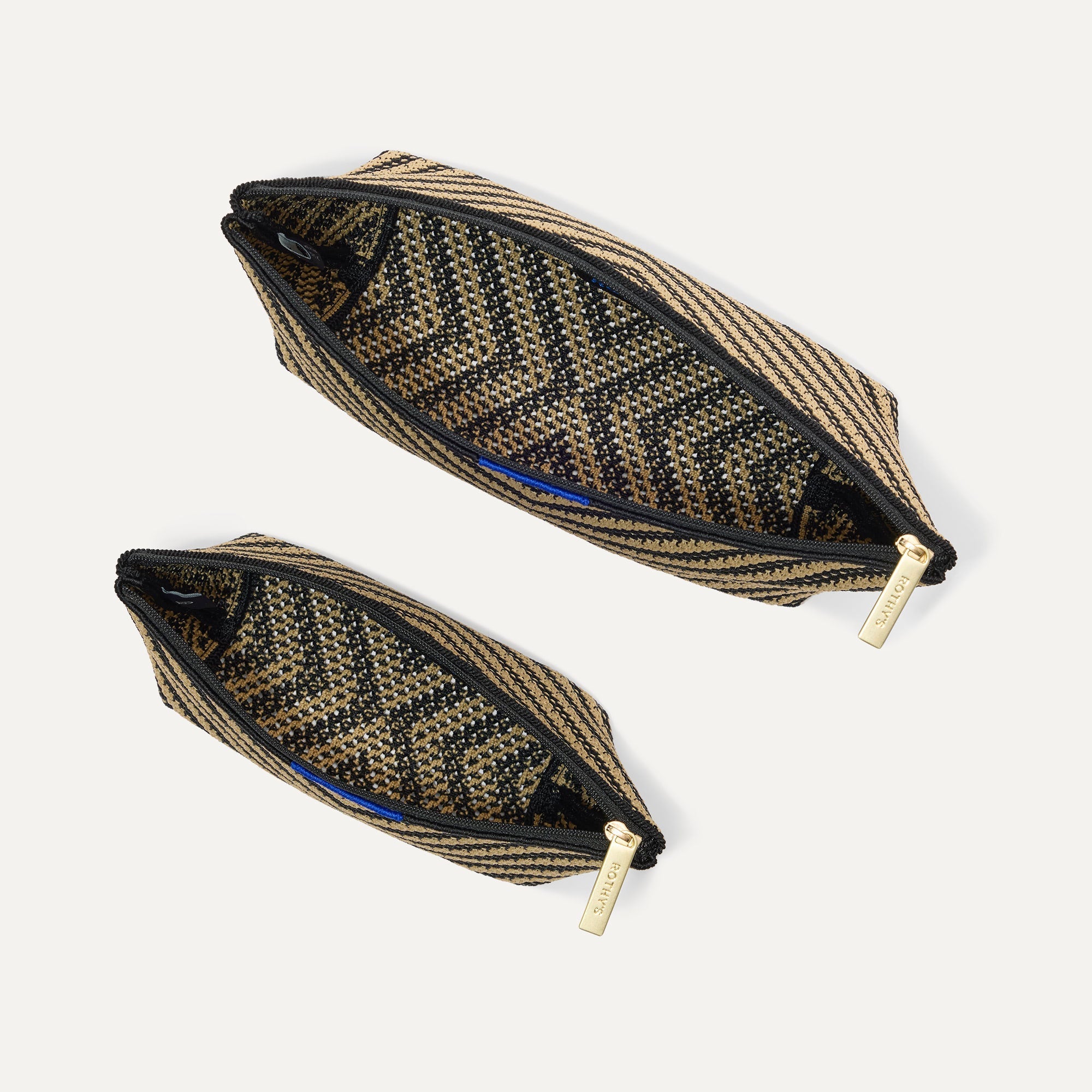 The Travel Pouch Set in Toffee Chevron shown from the top with zipper closure open.