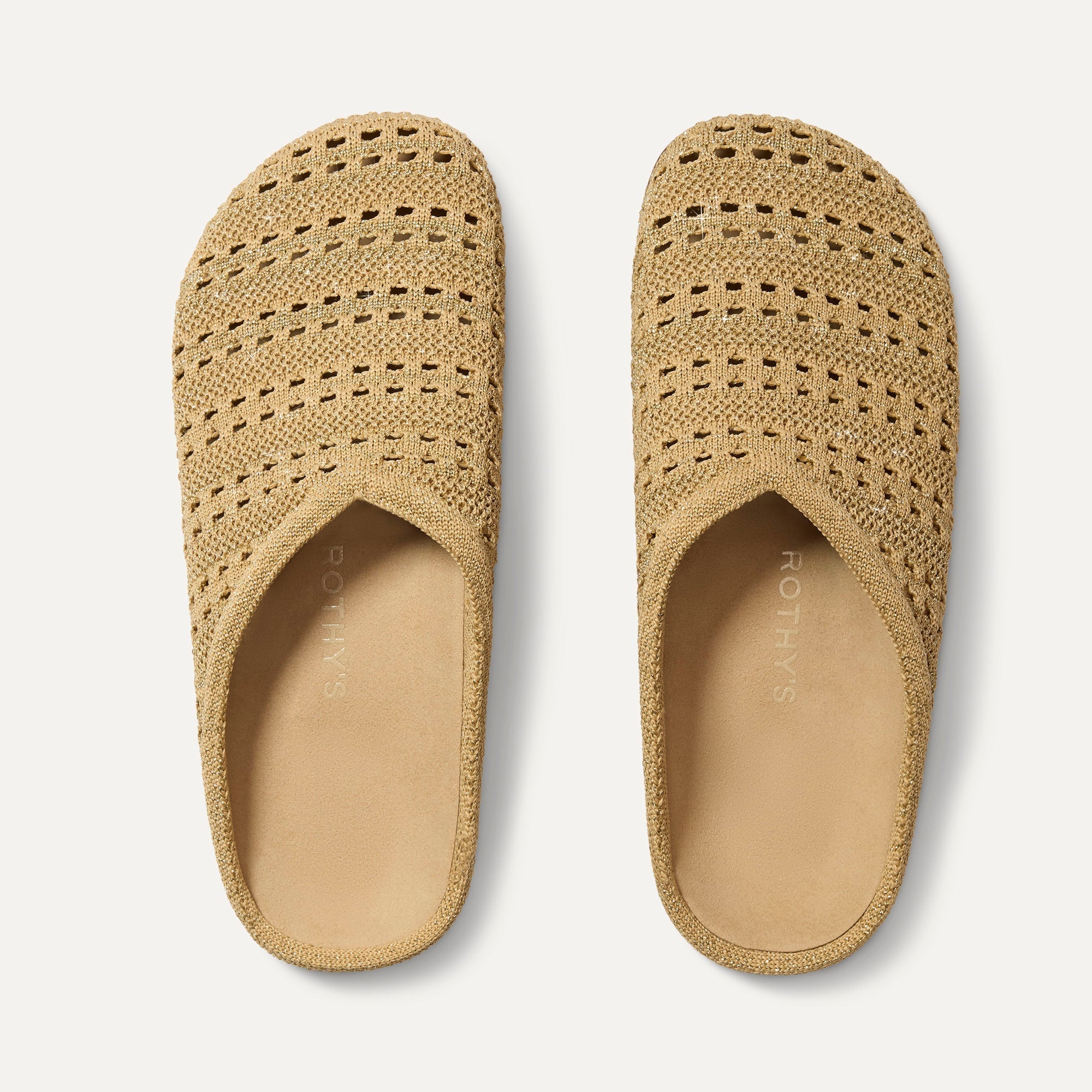 The Casual Clog in Metallic Golden Crochet shown from the top. 