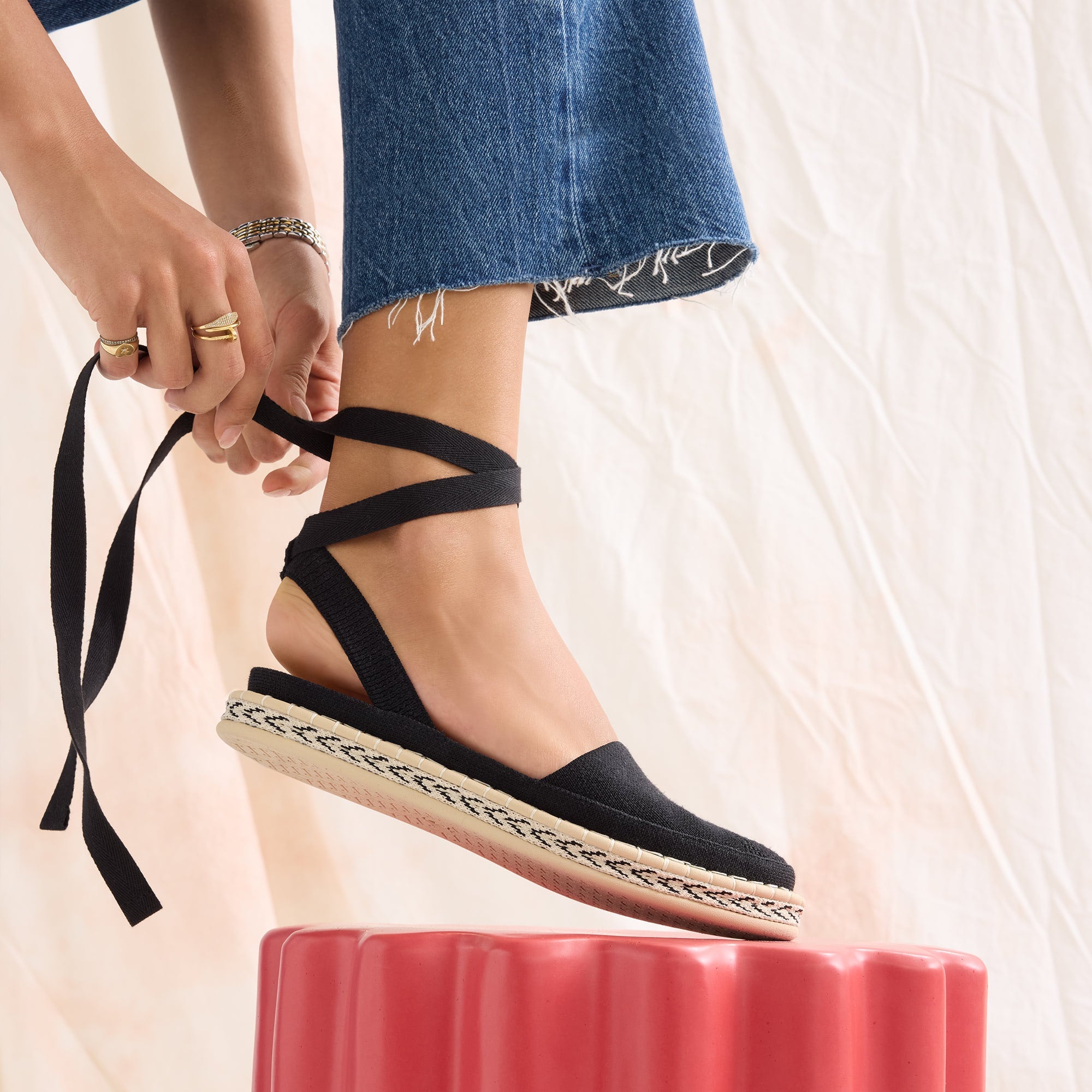hover | Model wearing The D'Orsay Espadrille in Black. 