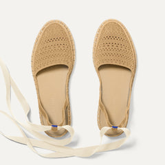 Overlay:: Removable ankle straps! | Alt:: The D'Orsay Espadrille in Camel Crochet shown from the top.