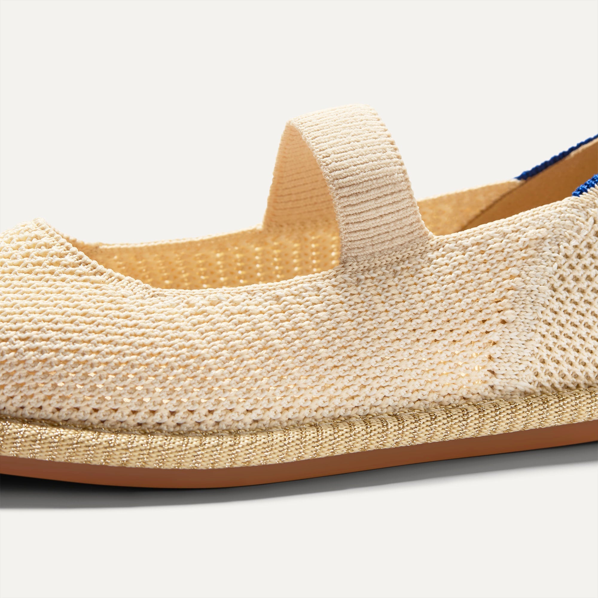 Close up of the toe and vamp The Mini Mary Jane in Opal Raffia-Knit.