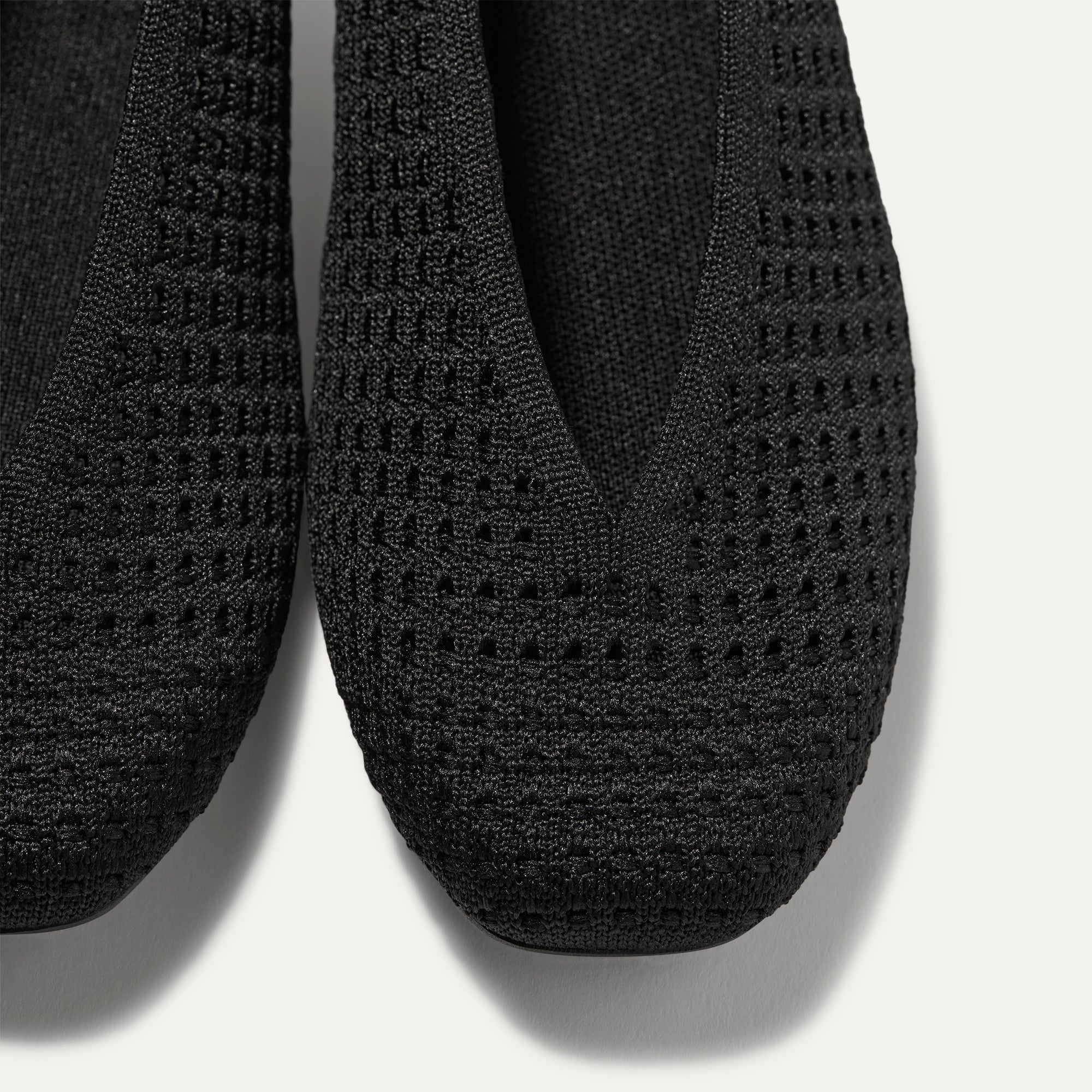 Close up of the toe and V-shaped vamp on The Max Square Ballerina in Black Mesh.