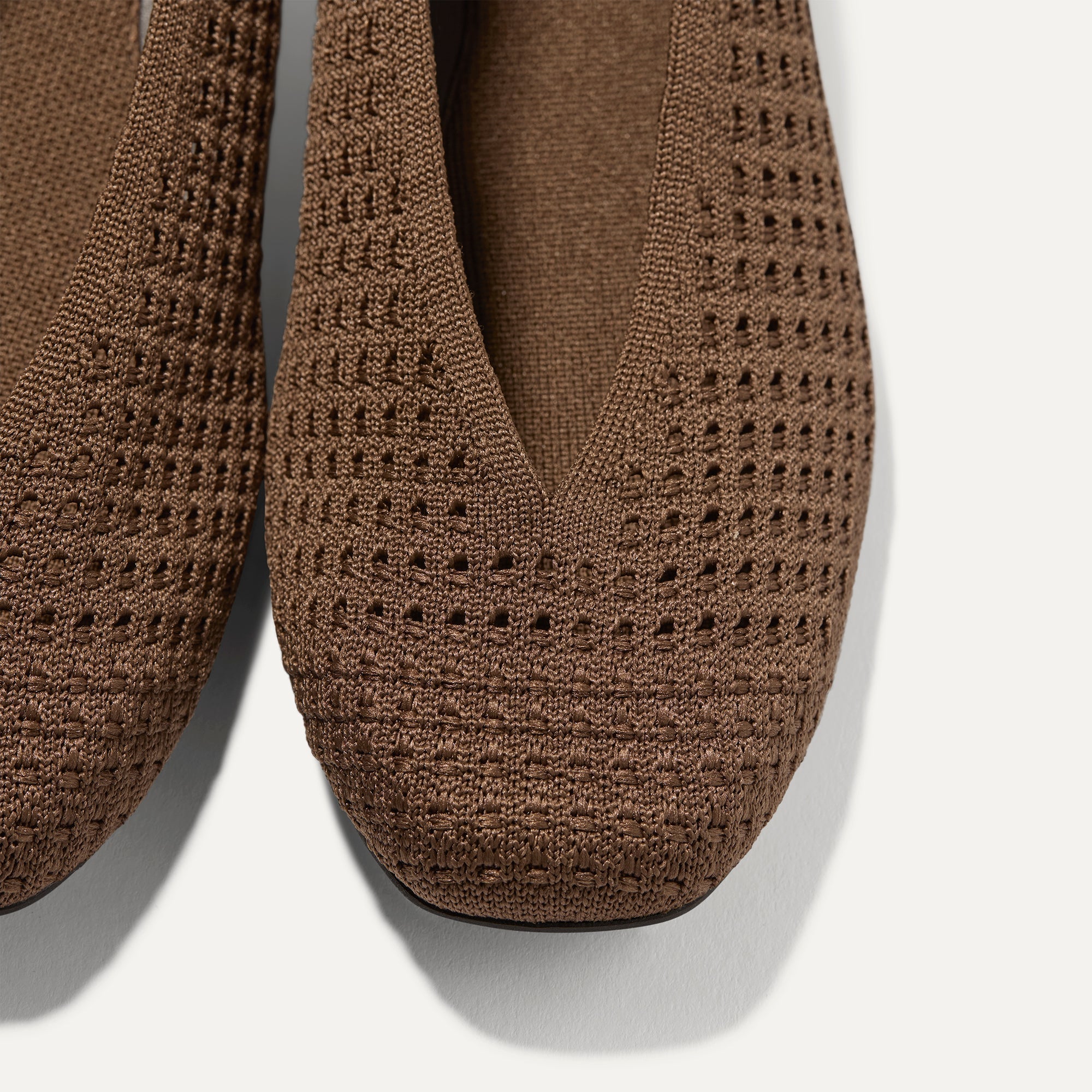 Close up of the toe and V-shaped vamp on The Max Square Ballerina in Cinnamon Mesh.
