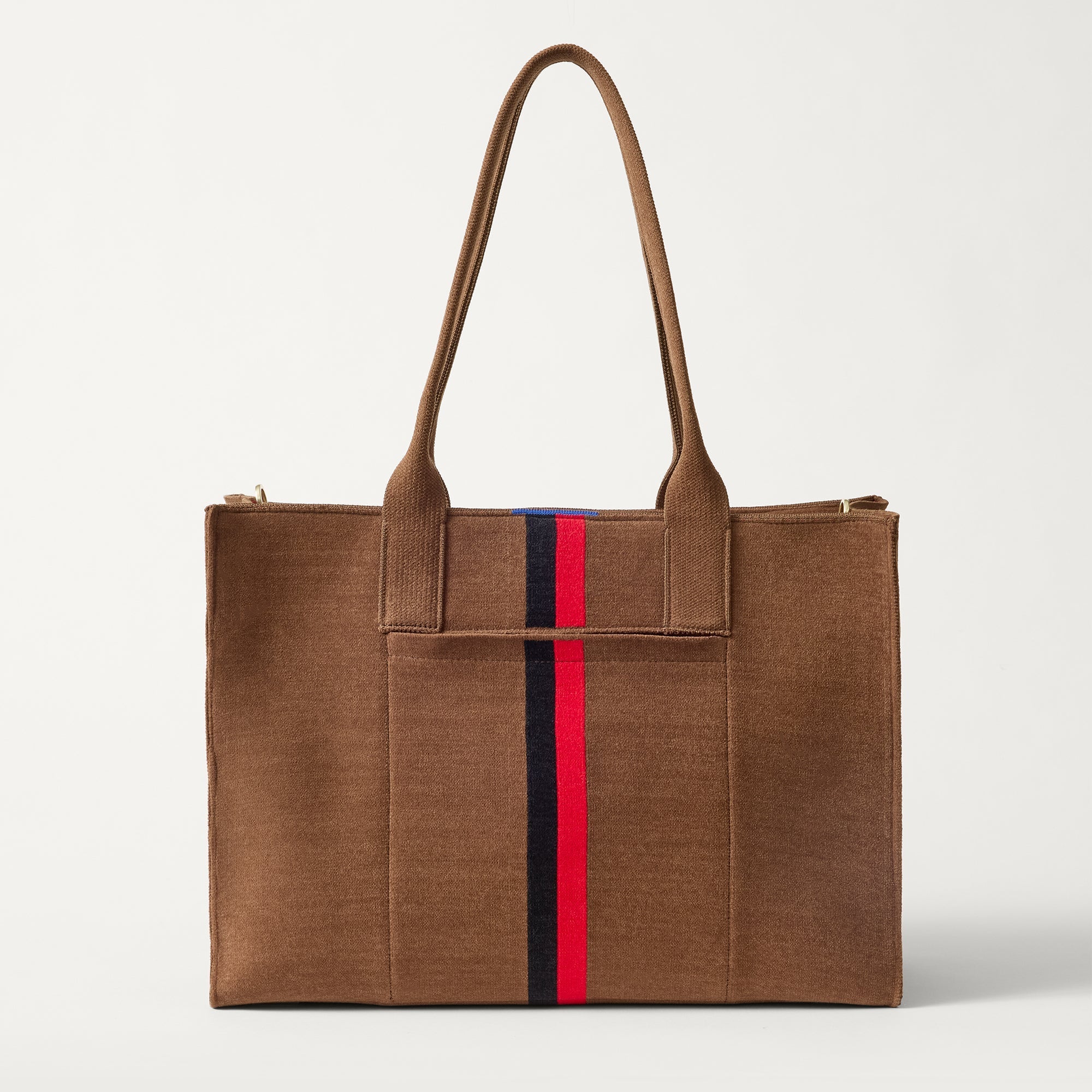 PDP |The Classic Tote in ReVelvet Cinnamon Stripe, shown from the front. 