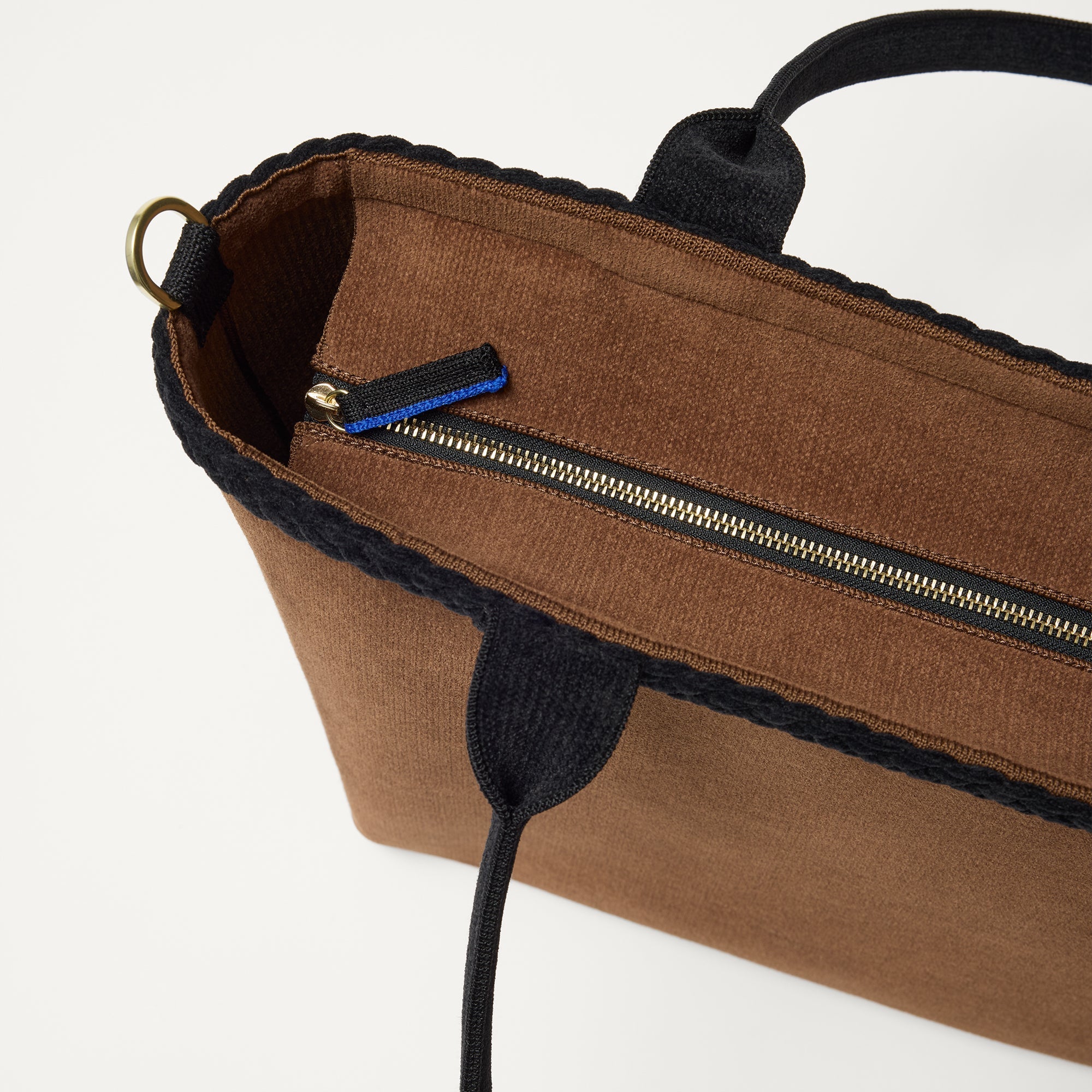 A close up of The Lightweight Zip Tote in ReVelvet Cinnamon focusing on the zip closure and handles.