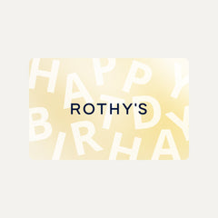 A virtual gift card with gold a white gradient background, Happy Birthday written on it, and a navy blue Rothy's logo on top. 